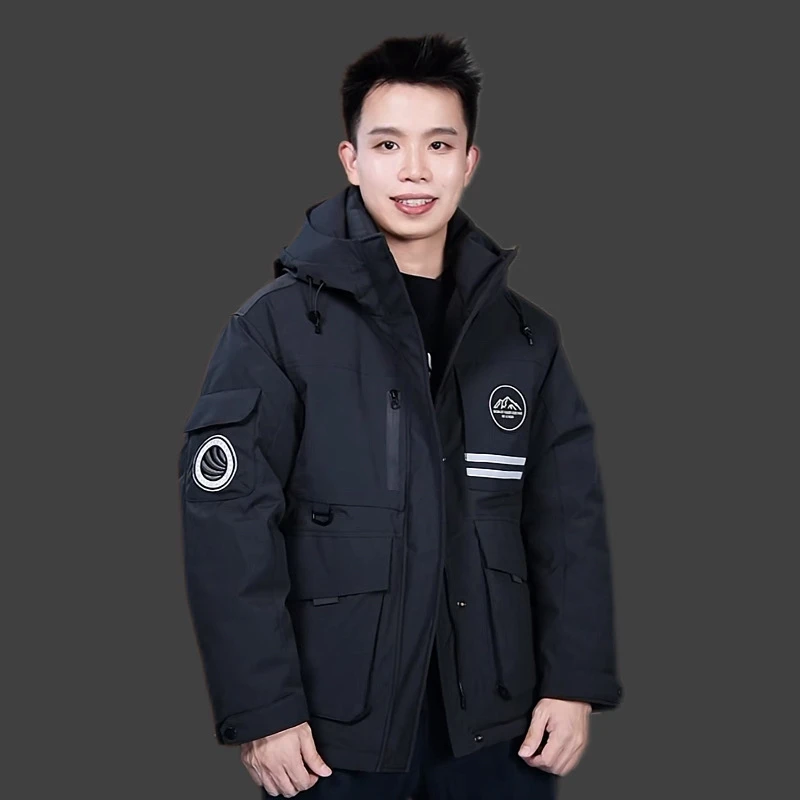 【饭老板】连帽三防户外潮流冲锋衣撞色短款极寒加厚羽绒服