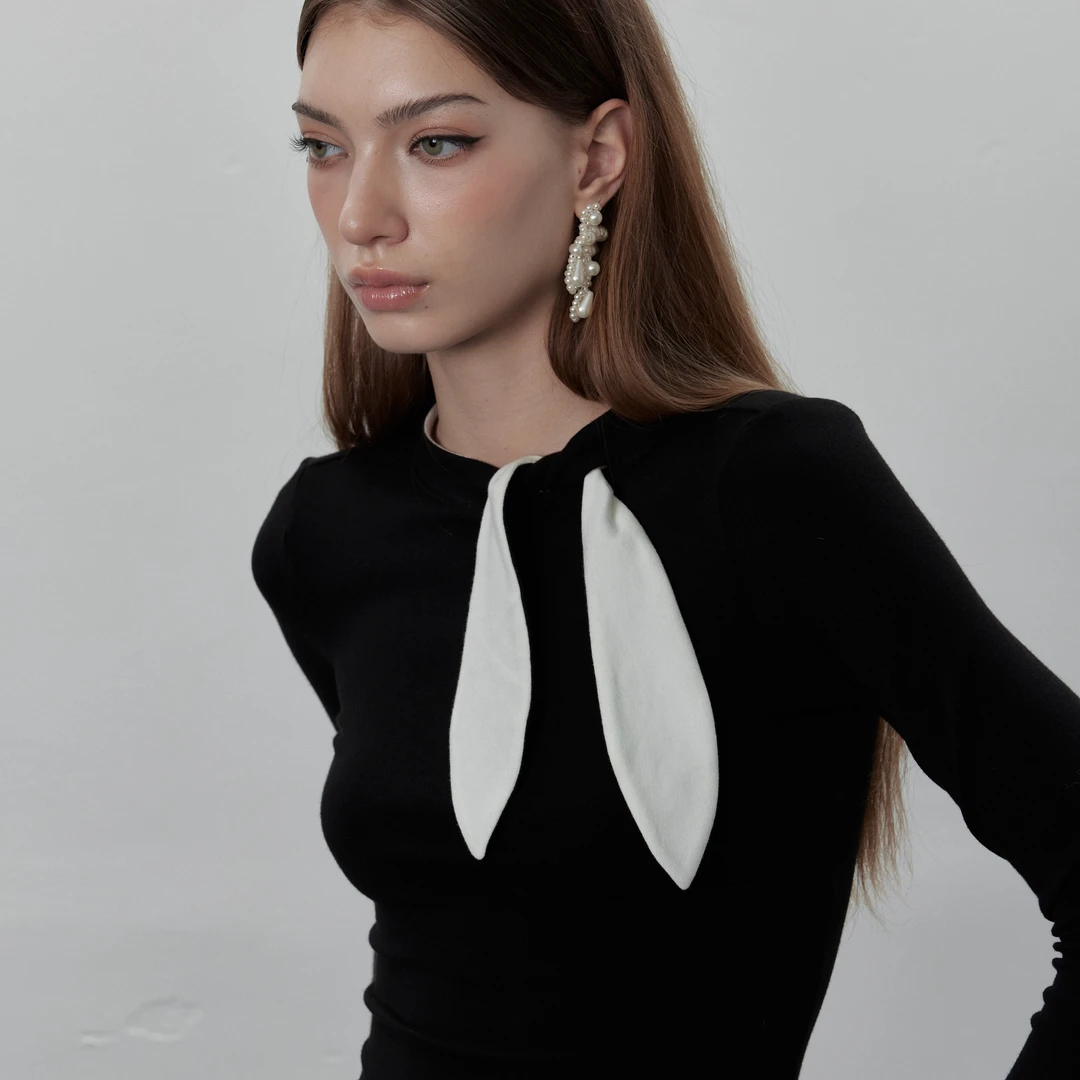 Lean Project拼色兔耳朵慕斯针织秋冬修身打底衫