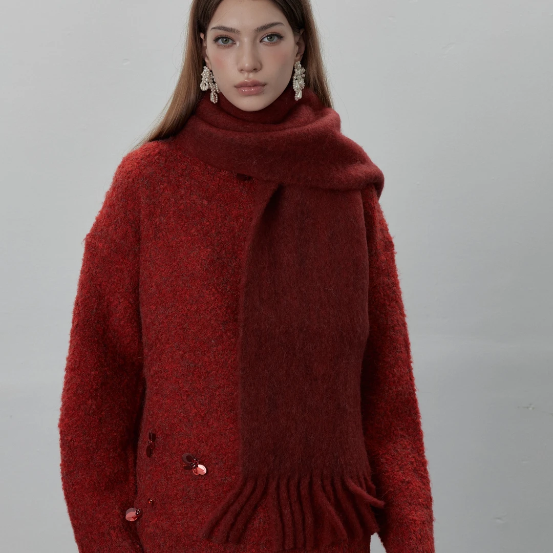 Lean Project羊驼毛马海毛羊毛混纺红色冬季保暖围巾