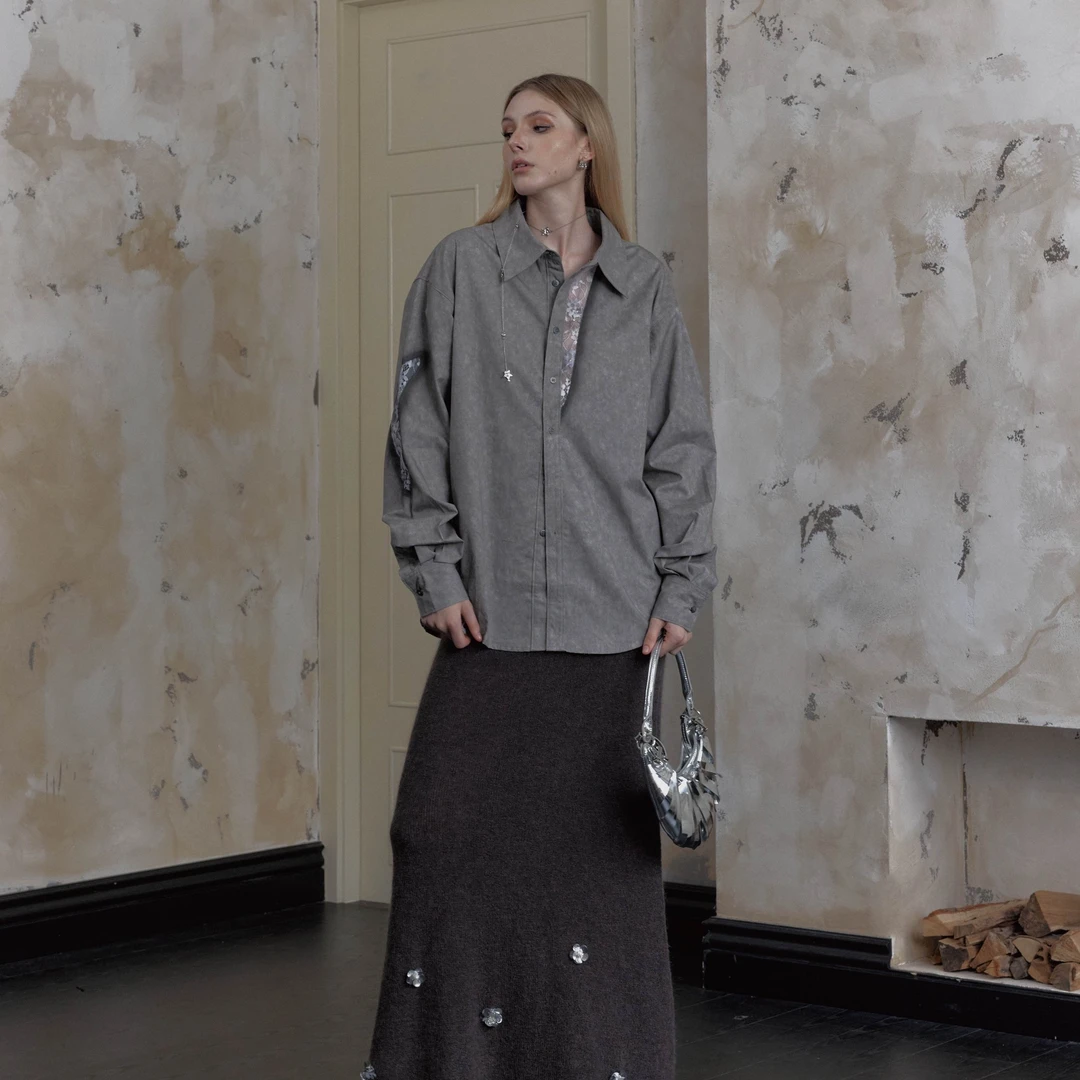 Lean Project灰色烧破蕾丝拼接条纹晕染衬衫