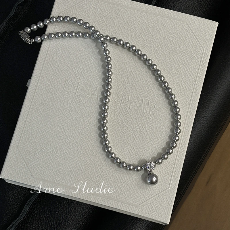 链子925银仿珍珠 北岛来信灰珍珠项链女轻奢高级万能扣吊坠毛衣链