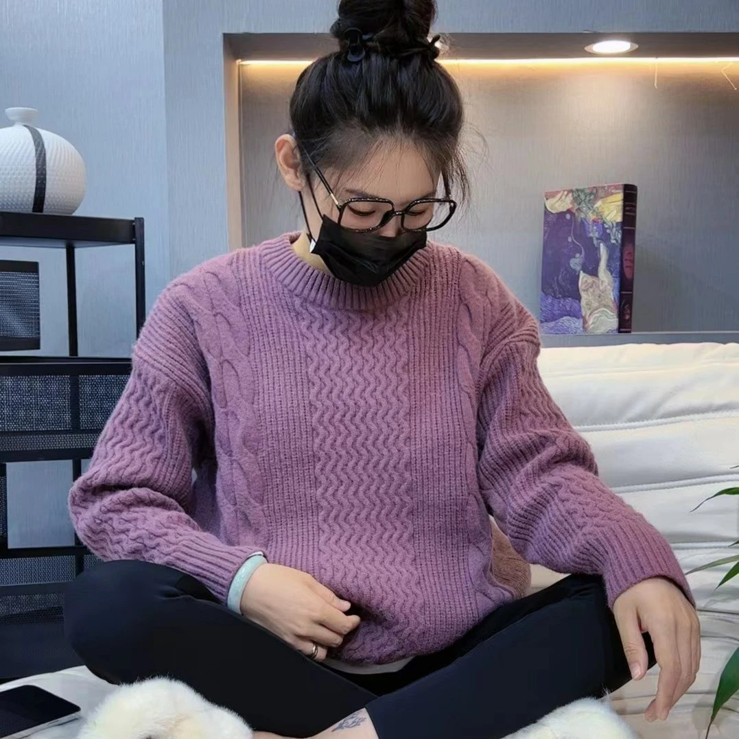 5003-8-3秋冬紫色休闲保暖提花毛衣慵懒复古套头宽松女士针织衫