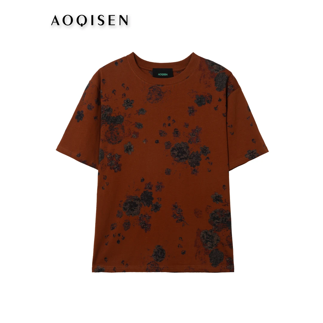 2356-2夏季爆款复古灰牡丹色印花短袖休闲宽松大码圆领女士T恤