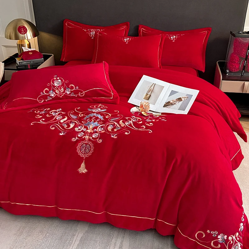 水星家纺适用高端新中式结婚庆牛奶绒四件套大红色陪嫁婴儿绒被套