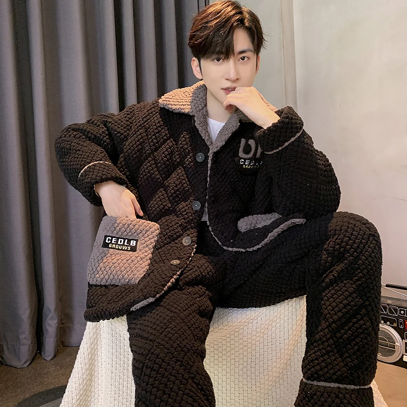 珊瑚绒夹棉冬季睡衣男士三层棉袄加绒加厚保暖开衫家居服简约大码