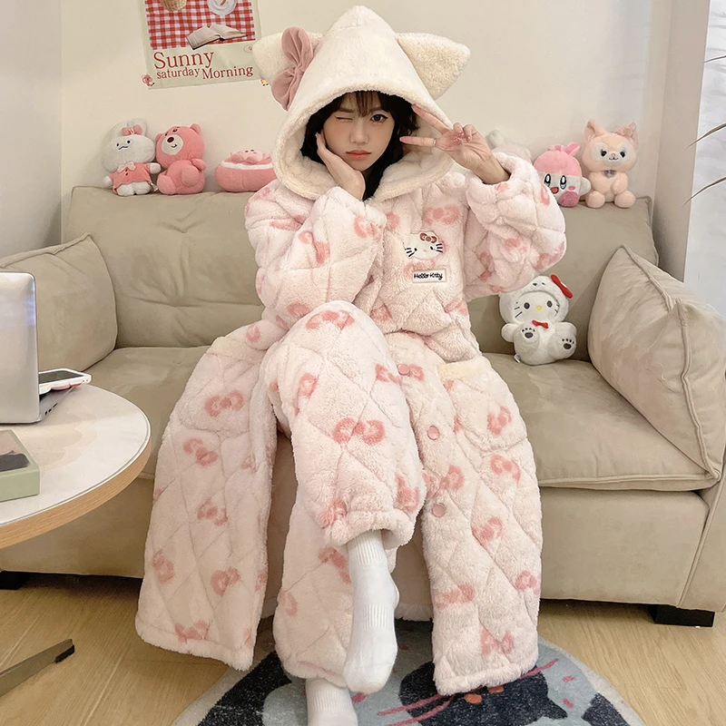 三层夹棉睡袍女冬季新款加厚加绒中长睡衣保暖家居服套装可外穿59