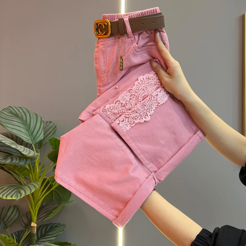 网红拼蕾丝钉珠镂空牛仔裤女夏季高腰显瘦弹力薄款百搭九分直筒裤