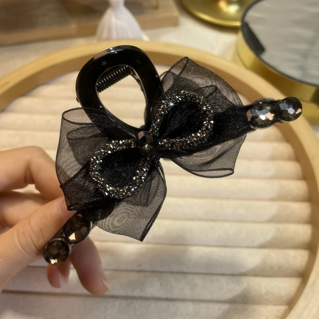 恒赞黑色水钻网纱蝴蝶结大抓夹13公分韩版双面轻奢盘发夹头饰5708