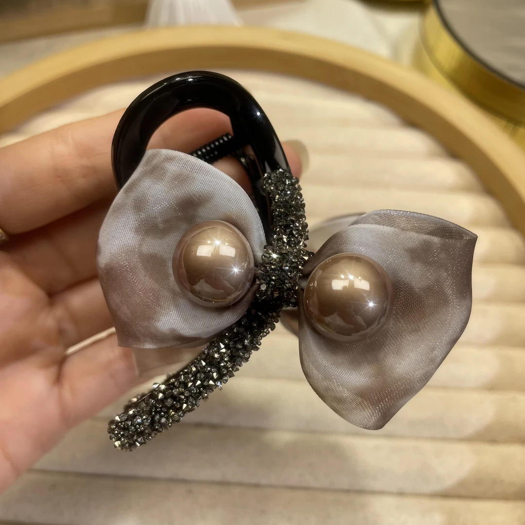 恒赞秋冬新品韩版气质珠珠网纱抓夹双面轻奢优雅后脑勺盘发夹5752