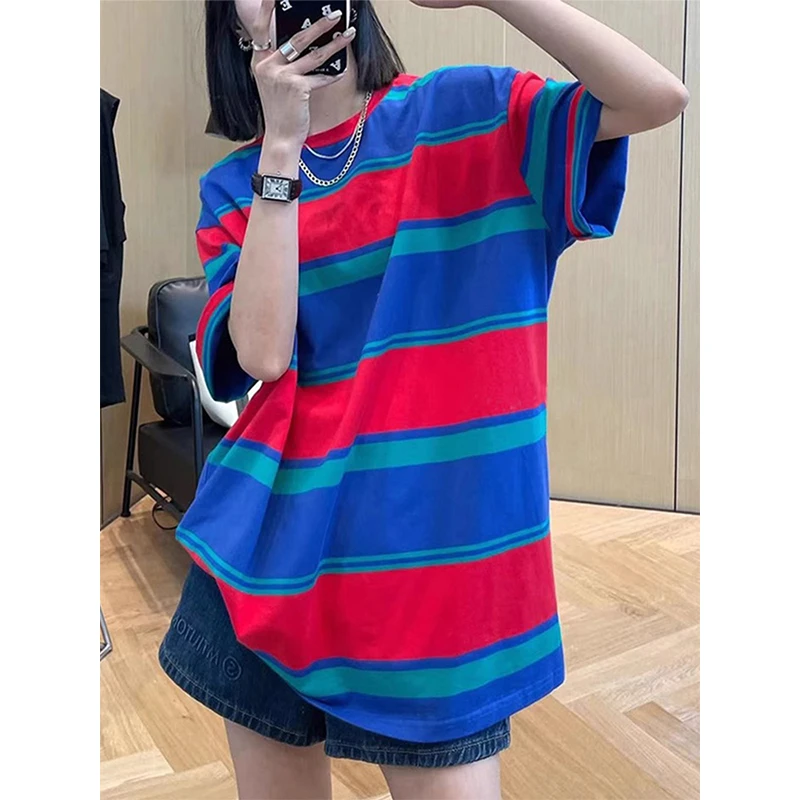 撞色条纹宽松短袖T恤女夏季时尚显瘦休闲百搭圆领上衣中长款