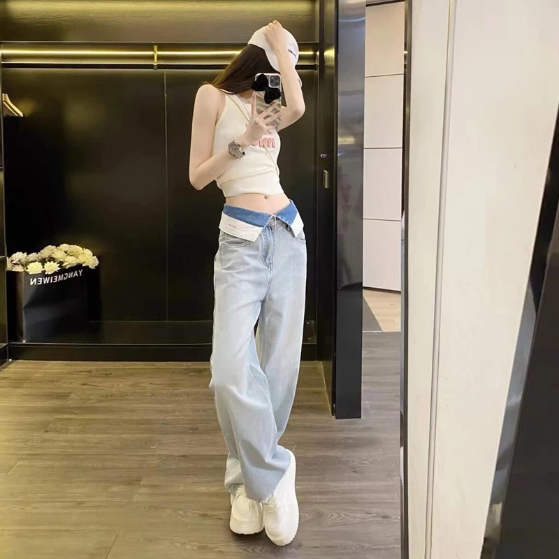 网红浅色宽松阔腿牛仔裤女春秋时尚高腰直筒百搭显瘦休闲拖地裤子