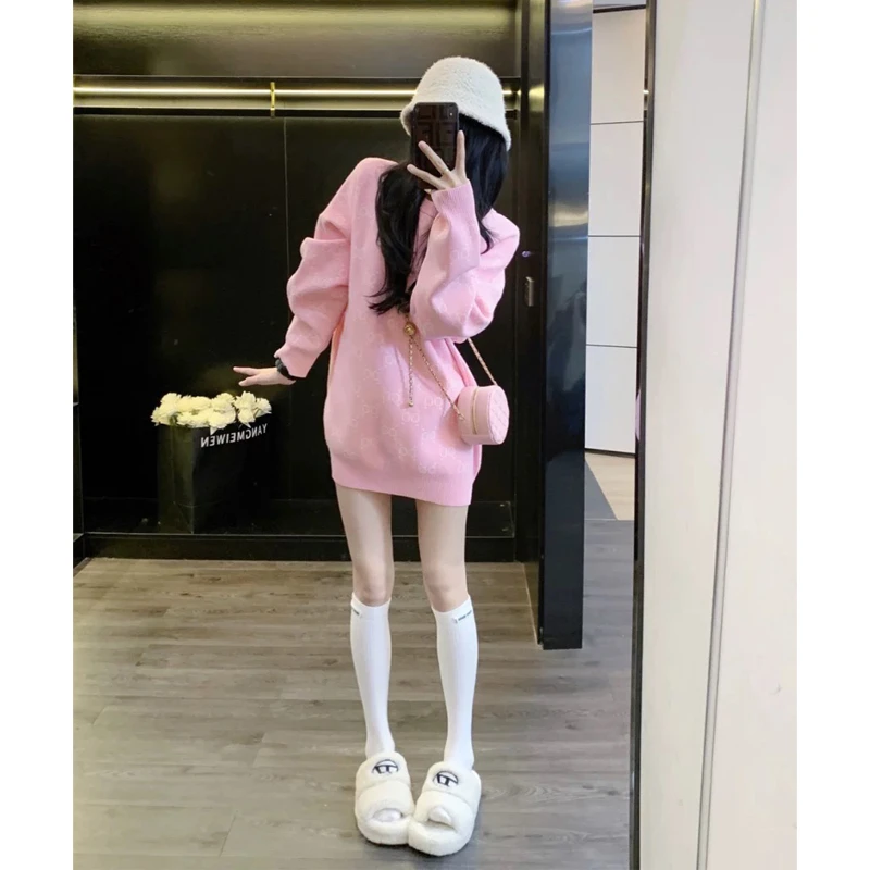 网红粉色减龄慵懒风毛衣女款爆款2025新款洋气宽松中长款针织衫潮