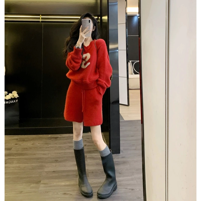 红色毛衣针织衫女慵懒风气质宽松v领高级感小个子超好看百搭上衣