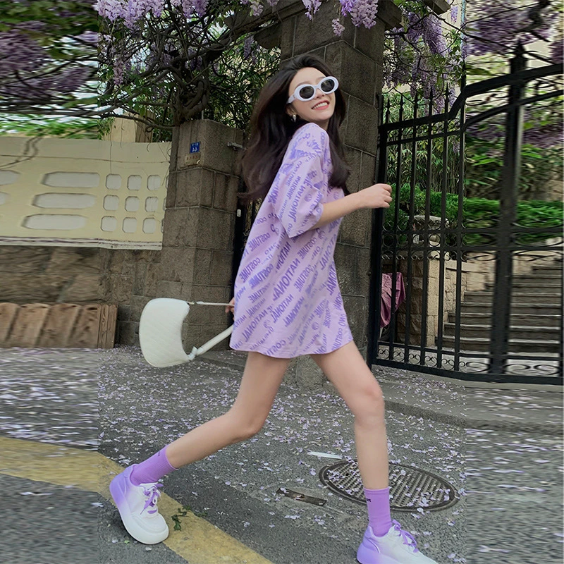 港风紫色短袖t恤女设计感小众女夏季泫雅风宽松网红超火上衣ins潮