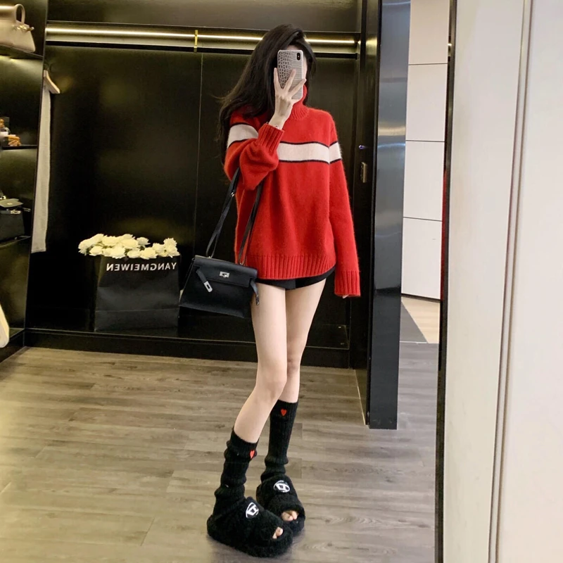 红色慵懒风毛衣女秋冬高领复古气质设计感小众显瘦修身针织上衣
