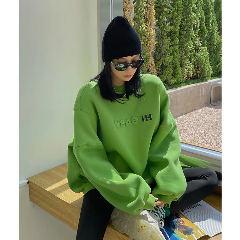 美式绿色春秋卫衣女士秋冬减龄宽松慵懒风遮臀洋气加绒圆领外套潮