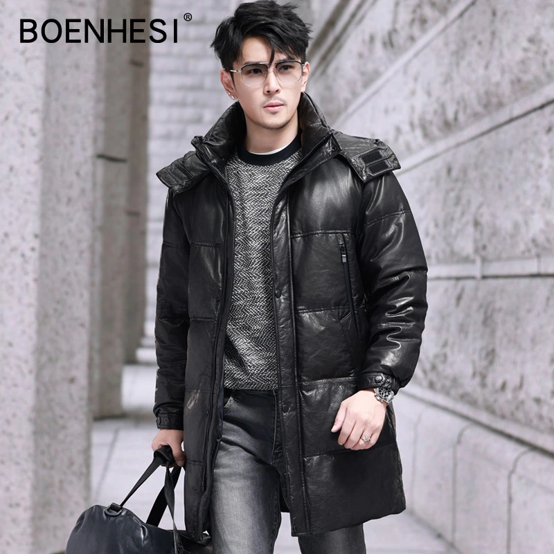 东北嘎嘎保暖男士真皮皮衣中长款油蜡牛皮连帽冬装白鹅绒厚立领