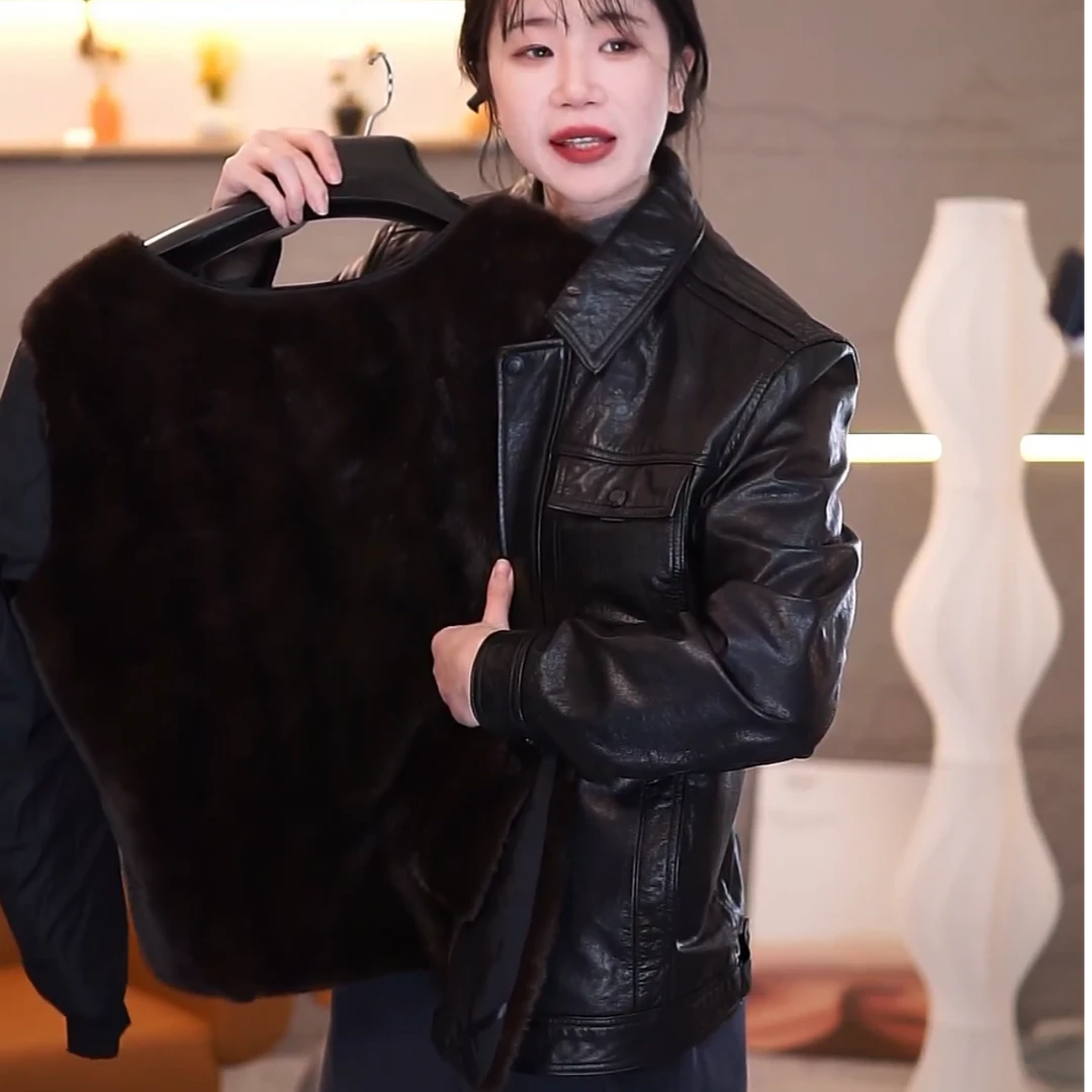 头层油蜡小牛皮脱卸内胆翻领夹克海宁真皮皮衣修身短款冬款厚外套