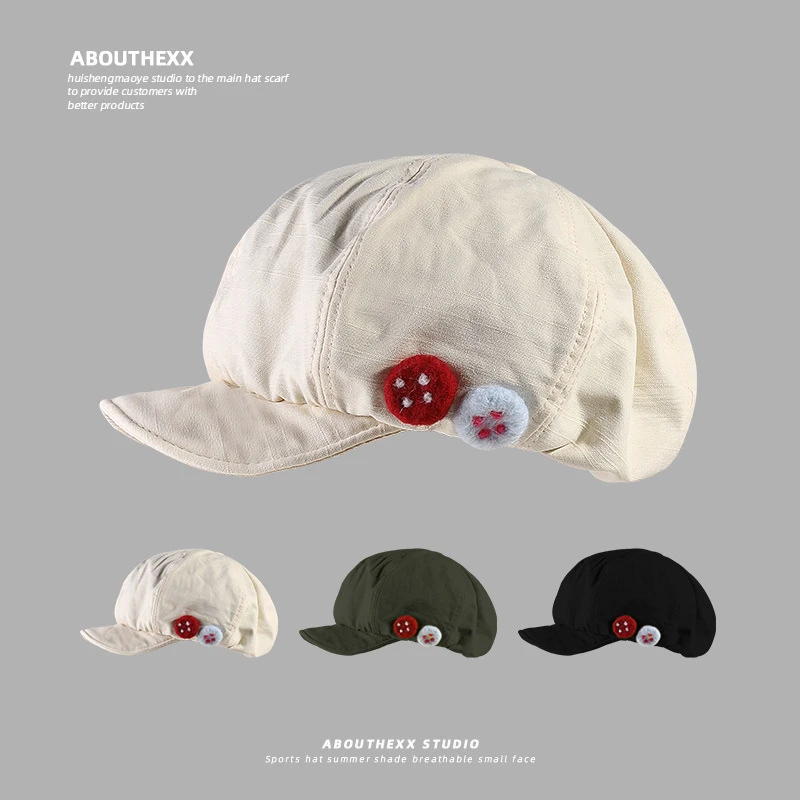 纽扣帽子女大头围夸张云朵帽夏季显脸小八角帽休闲百搭日系贝雷帽