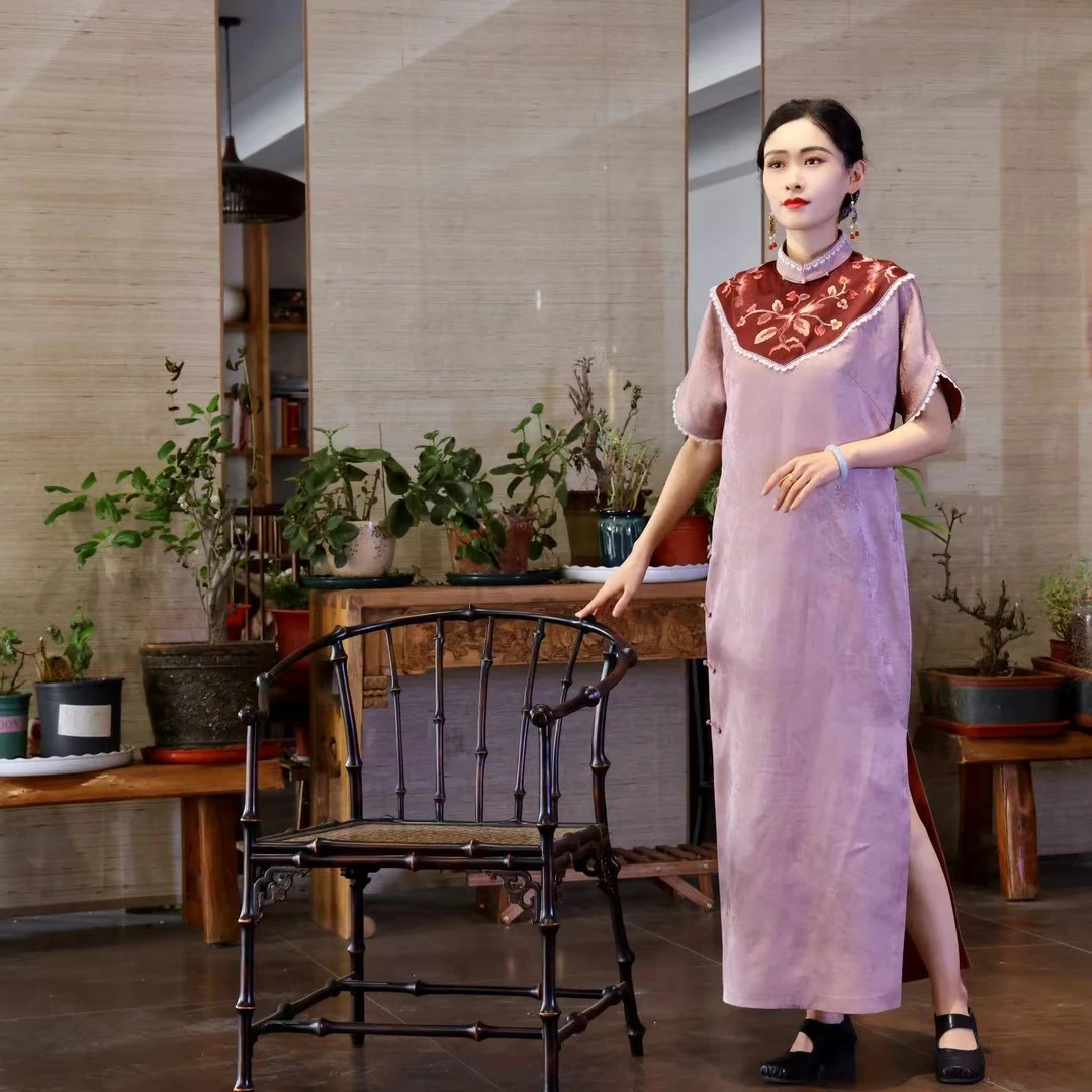 蘇夢【锦瑟蝶花】香云纱多色蕾丝边手绣旗袍中式0102516