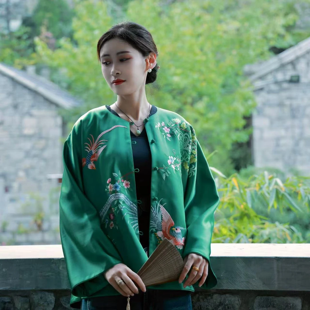 蘇夢【绶带鸟】薄荷绿手绣圆领对襟上衣中式百搭实穿01031351