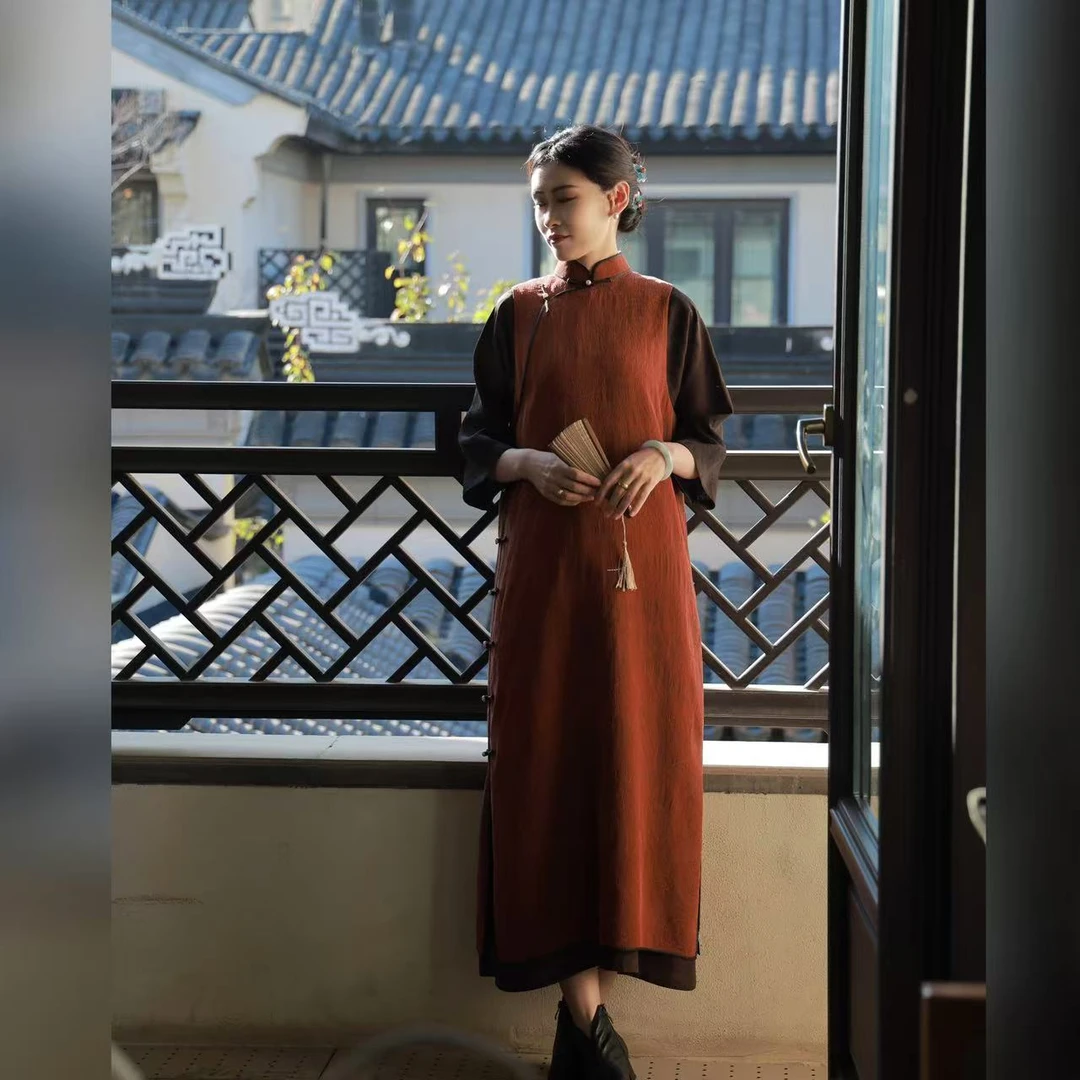 蘇夢【椿莳】香云纱橘色提花立领长款马甲0104229