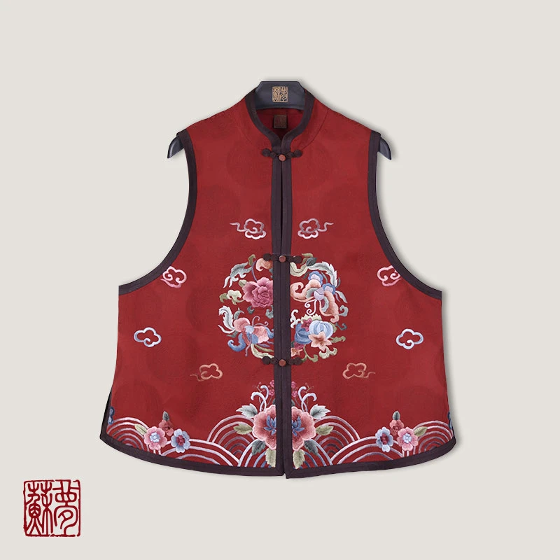 蘇夢【锦绣芳华】祥云提花手绣立领对襟马甲中式百搭0104491