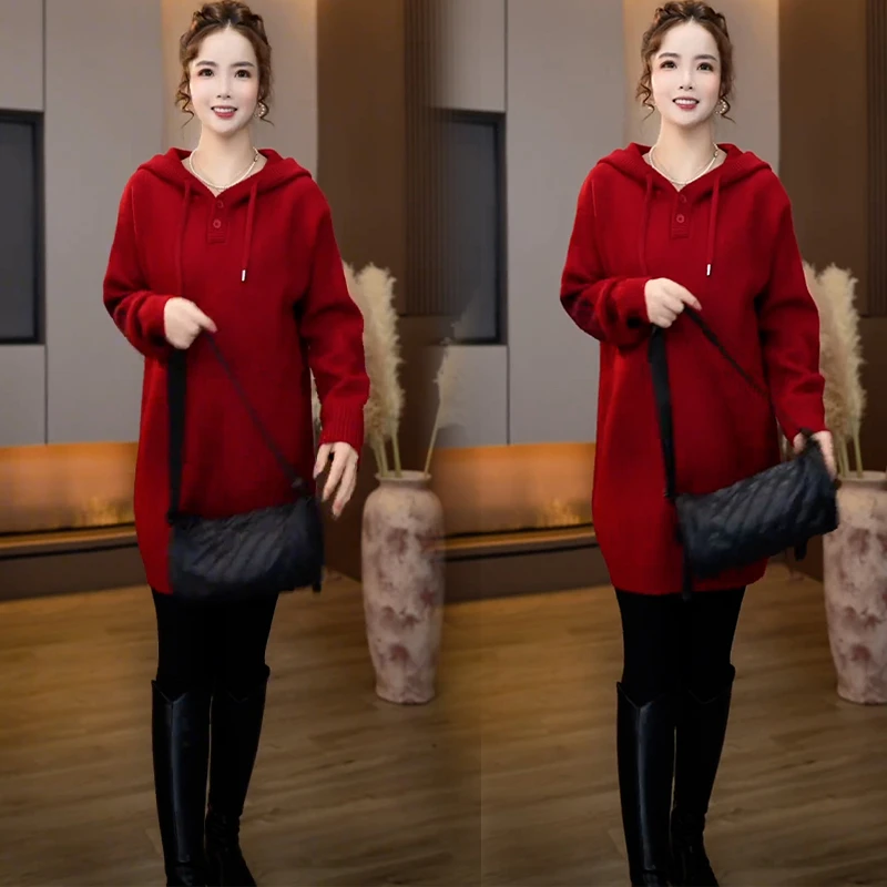 2024年秋冬季新款欧货针织宽松连帽卫衣女中长款慵懒毛衣外搭上衣