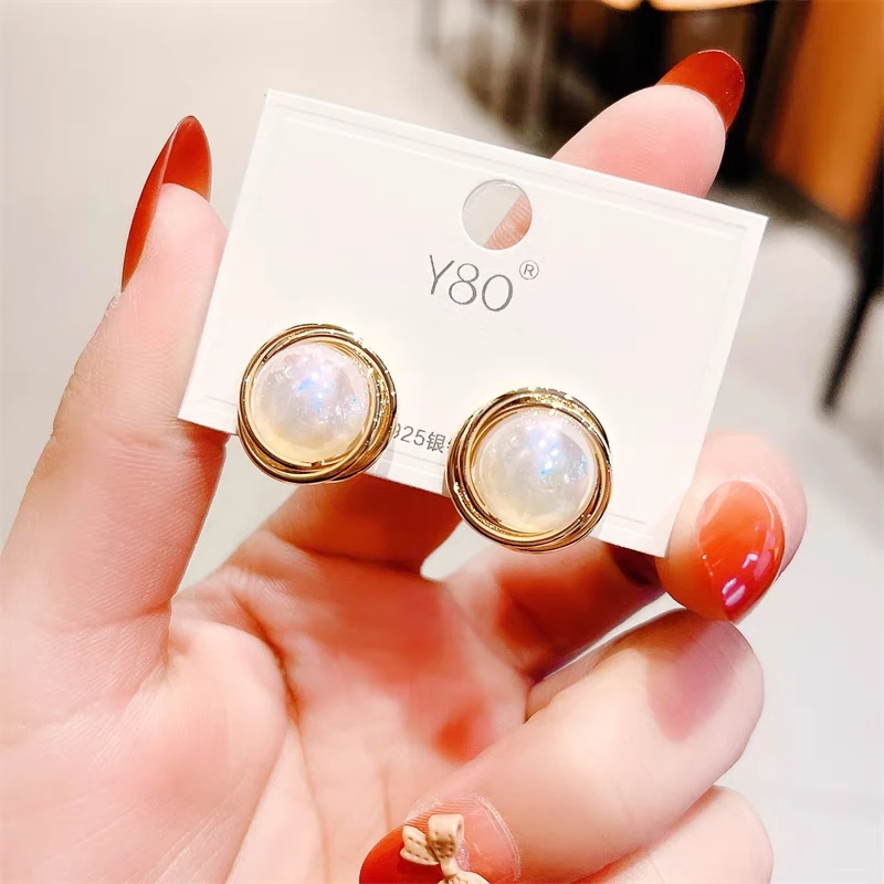 铜合金仿珍珠耳饰 人鱼姬大气耳扣小颗彩珠耳钉港风简约个性E045