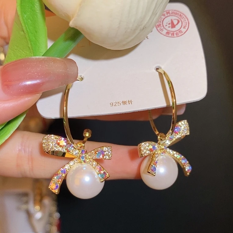 铜合金仿珍珠耳饰 双11包邮925银针金属耳环蝴蝶结设计师款E016