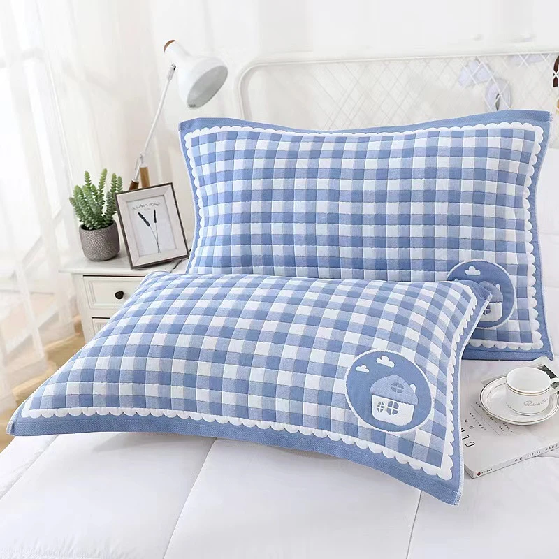 三层纱布枕巾一对装家用大号成人加厚学生柔软吸汗格子情侣枕头巾