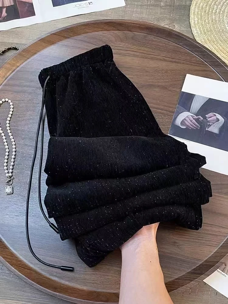 梨形身材黑色休闲阔腿裤女大码胖mm秋冬新款垂感休闲拖地裤直筒裤