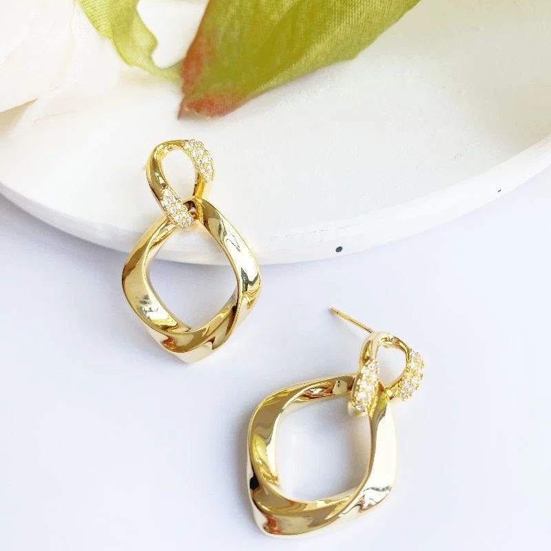 925银针 双层几何耳环镂空菱形耳圈气质耳环