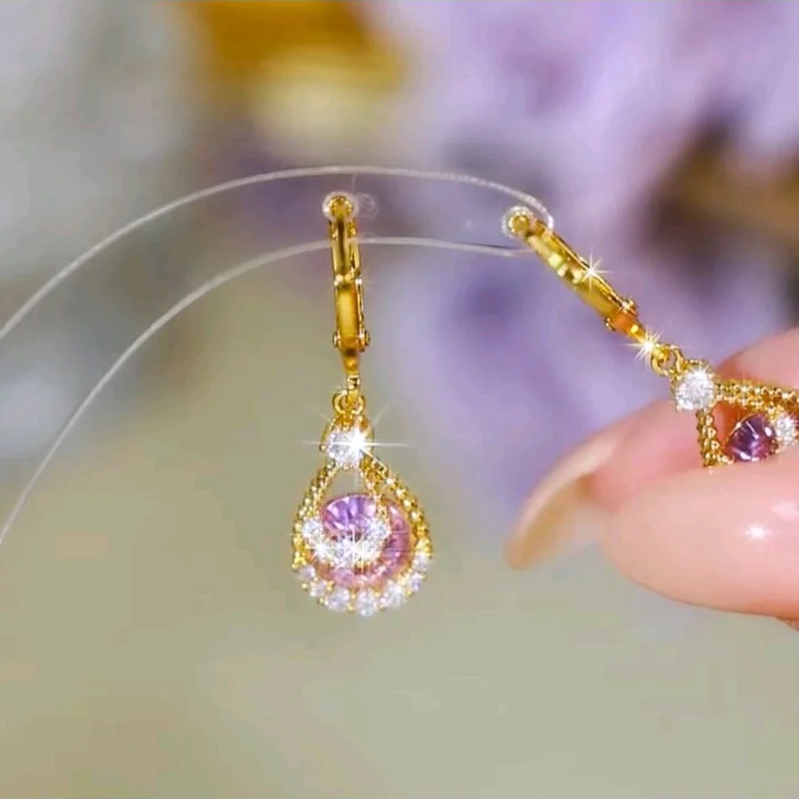 925银针  紫色耳扣水滴耳环百搭精致新款