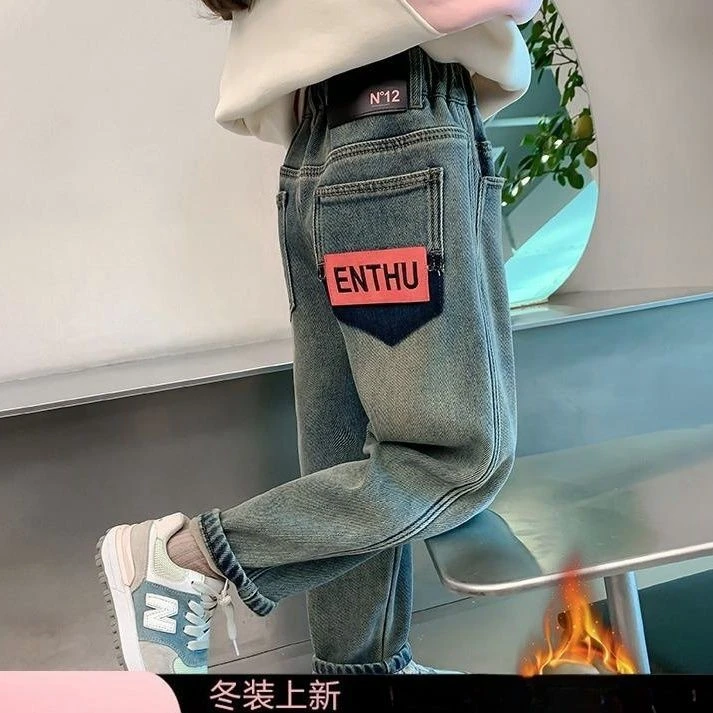 2025秋冬新款女童加绒牛仔裤儿童韩版洋气宽松一体绒中大童长裤潮