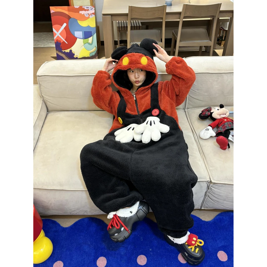 卡通米奇珊瑚绒连体睡衣女冬季新款加绒加厚保暖一体式家居服睡袍