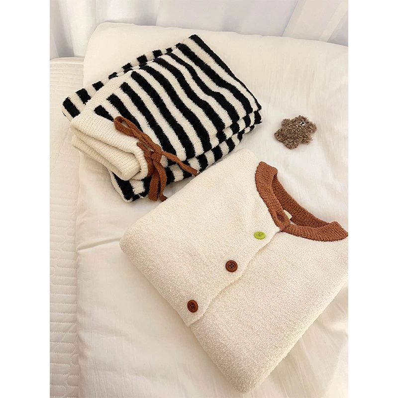 韩版高级感针织半边绒睡衣女冬季新款毛绒加厚加绒保暖家居服套装