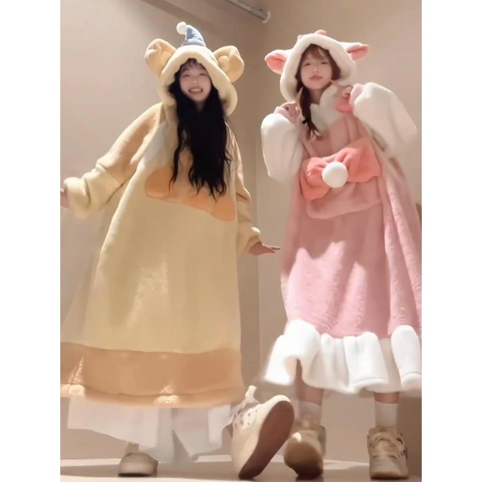 少女可爱连帽睡裙珊瑚绒睡衣女冬季新款甜美加厚加绒睡袍家居服冬
