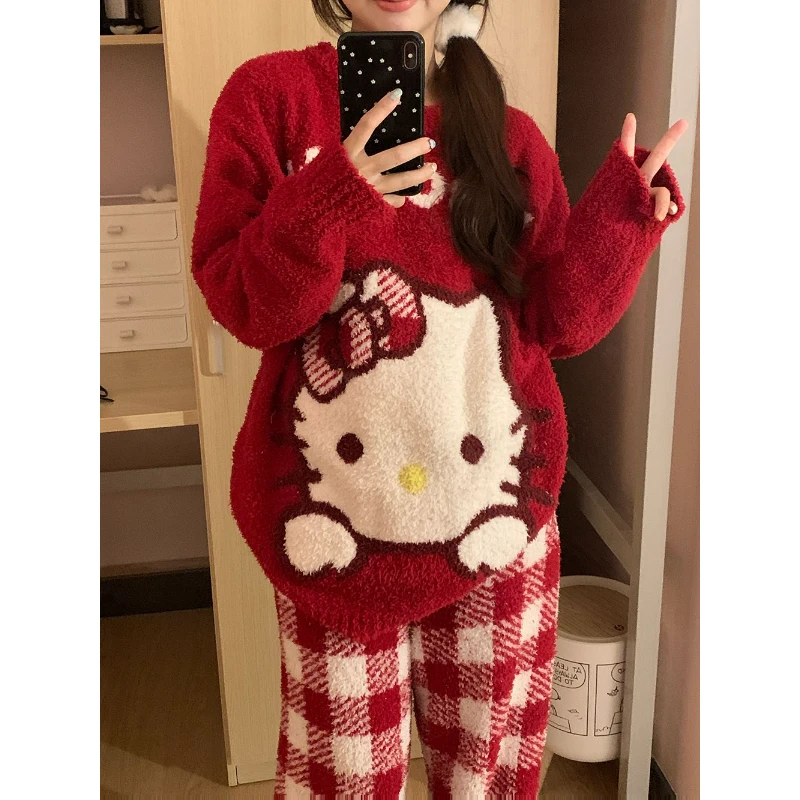 圣诞新年红家居服凯蒂猫睡衣女冬季2024年新款半边绒加厚保暖套装