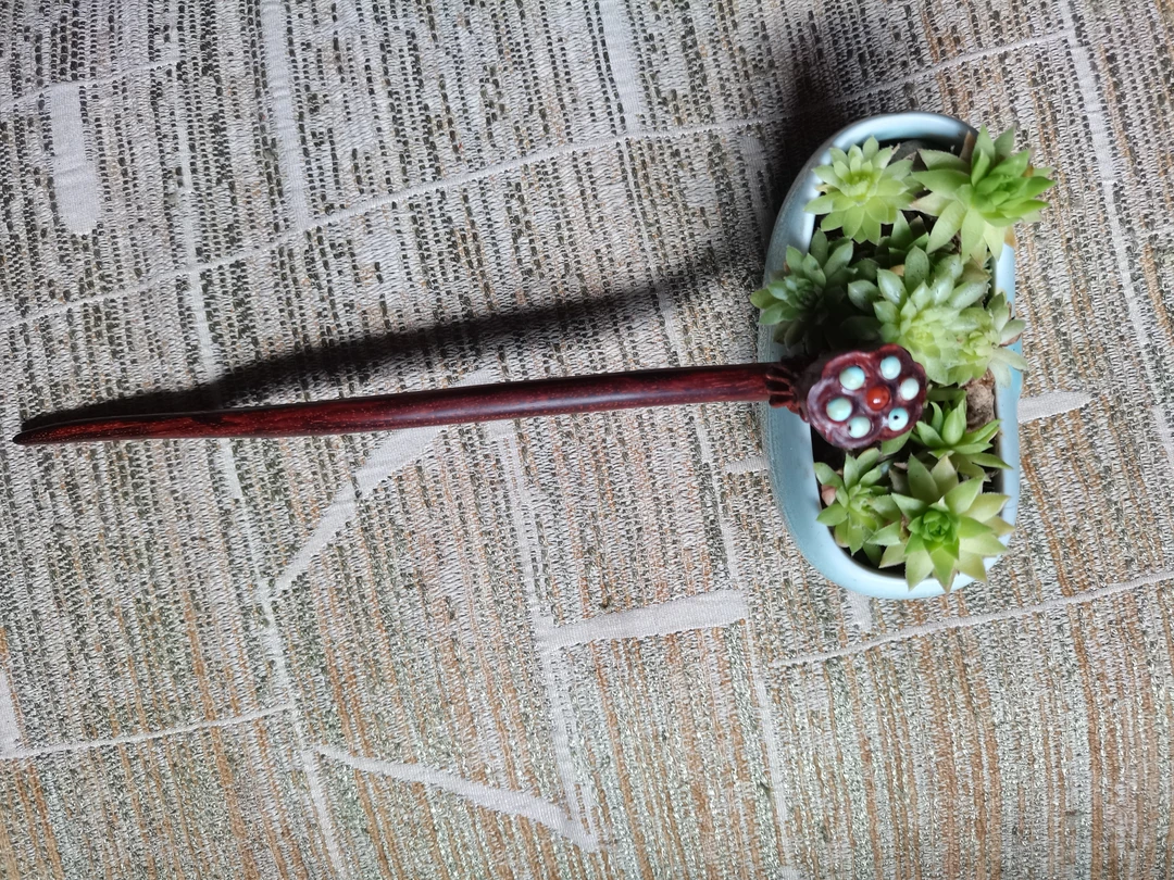 手工雕刻小叶紫檀镶嵌松石莲蓬发簪盘发旗袍汉服配饰国风复古