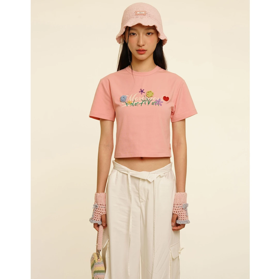 Moromoro 新款手绘立体钩花短袖T恤女修身显瘦圆领短款上衣夏