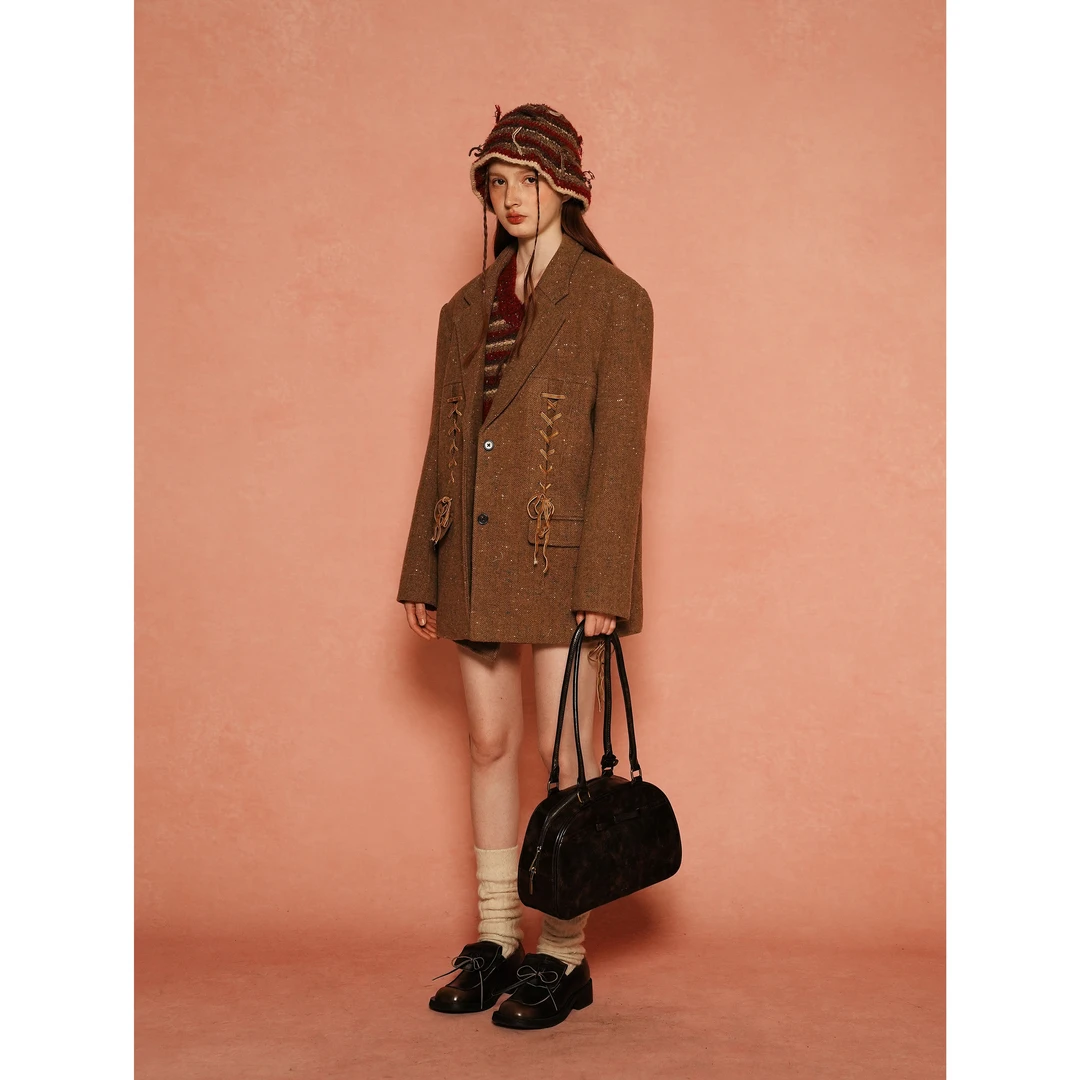 Moromoro美式复古高级感彩点丝绒绑带西装外套女宽松休闲西服上衣