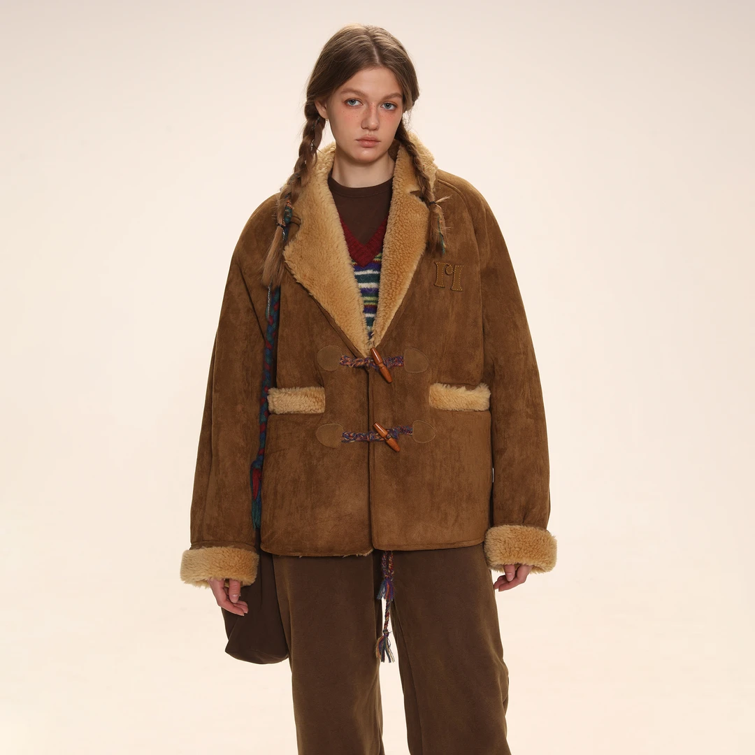 Moromoro复古皮毛一体西装领宽松外套女冬季加绒加厚保暖夹克上衣