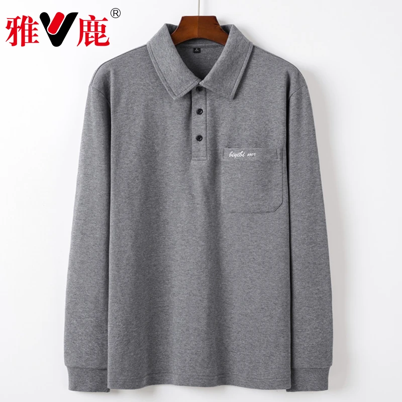 V/雅鹿中老年男士纯棉上衣爸爸秋冬装长袖口袋T恤休闲内穿打底衫