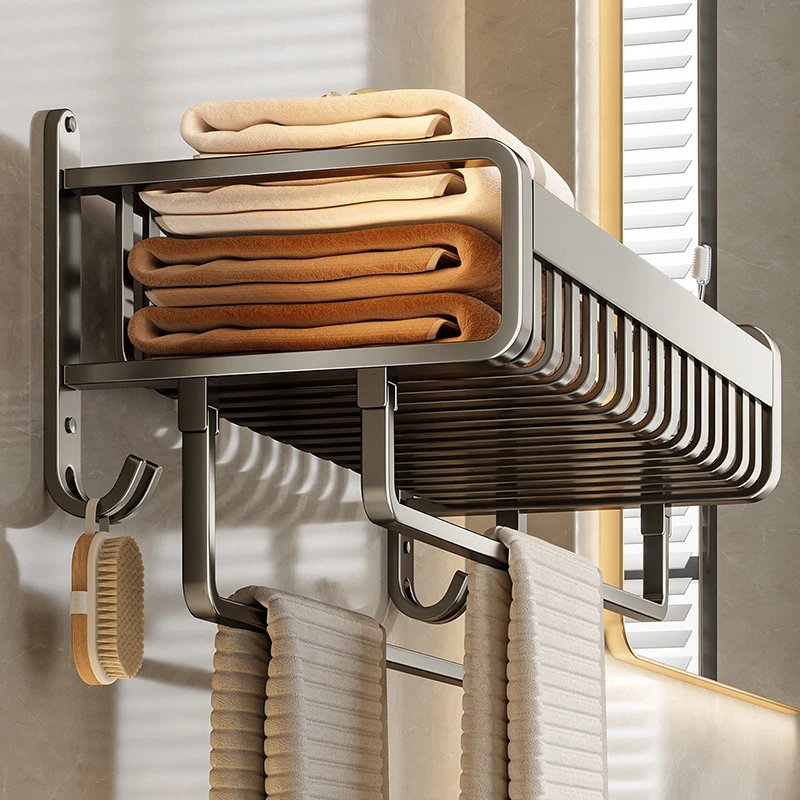 枪灰卫生间置物架毛巾架太空铝免打孔浴室壁挂厕所洗澡收纳浴巾架