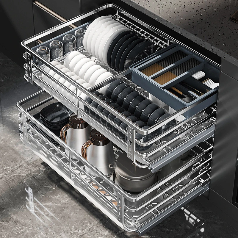 拉篮厨房橱柜双层调味拉蓝304不锈钢碗柜轨道滑轨碗碟加粗加大