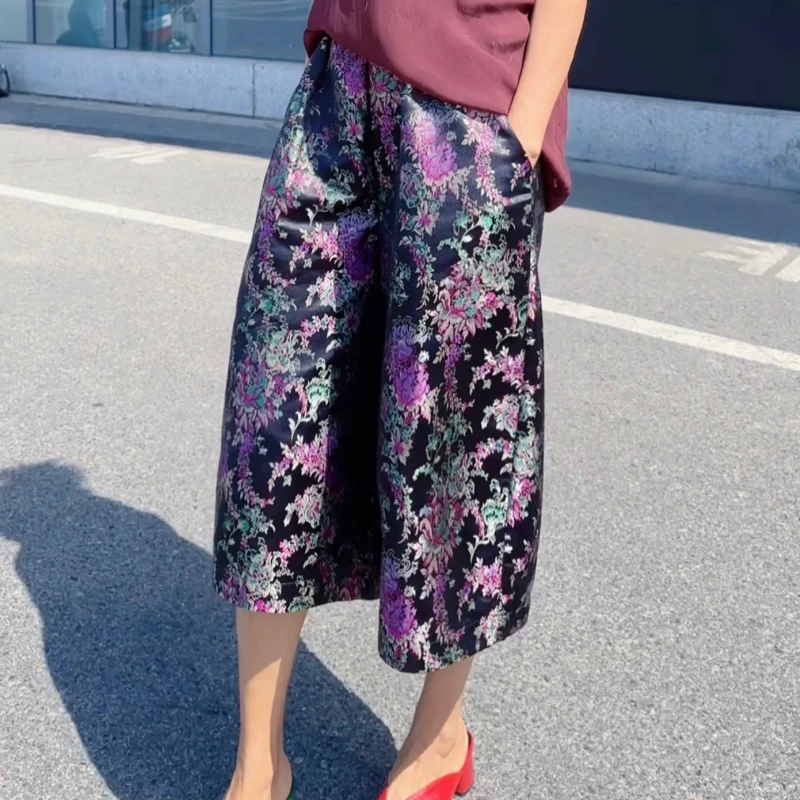 【唯衣魅】2025春夏秋季时尚刺绣提花花苞阔腿七分裤高腰花苞裤