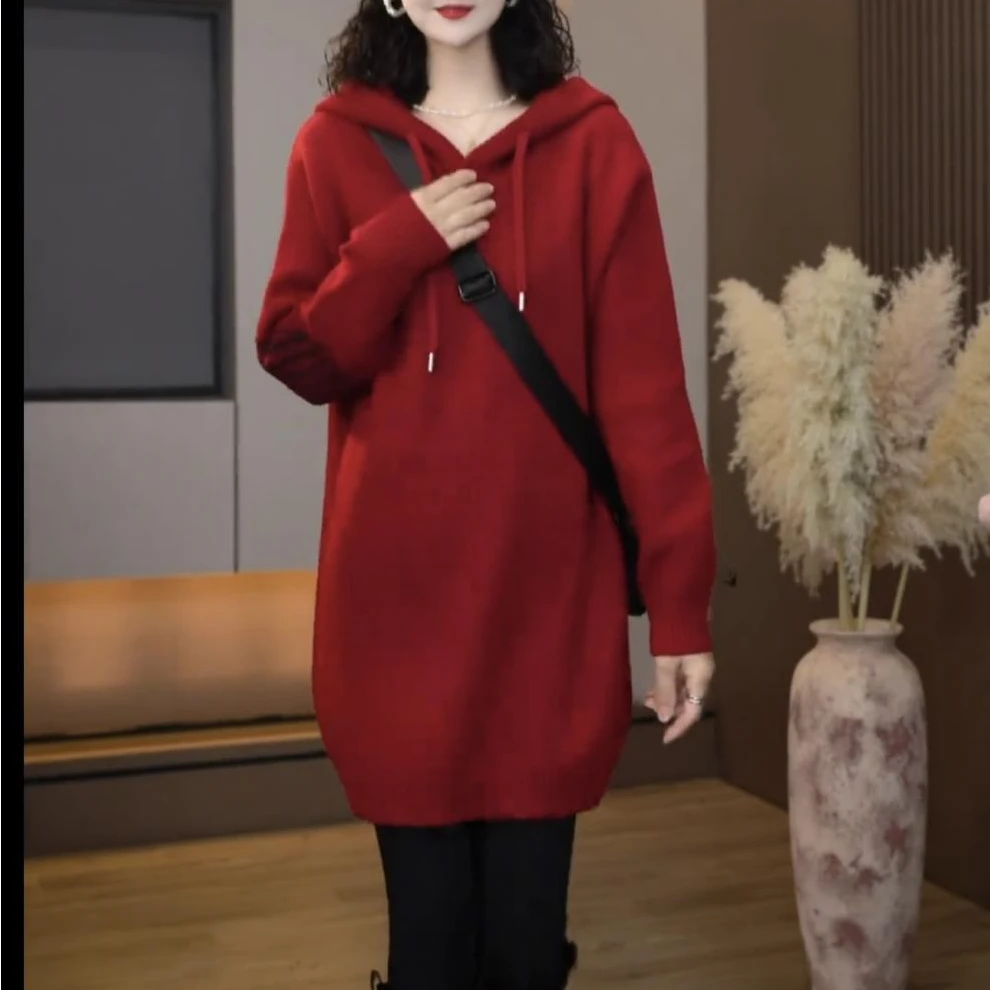 连帽毛衣女2025秋冬新款慵懒高级感时尚气质显瘦遮屁股中长款上衣
