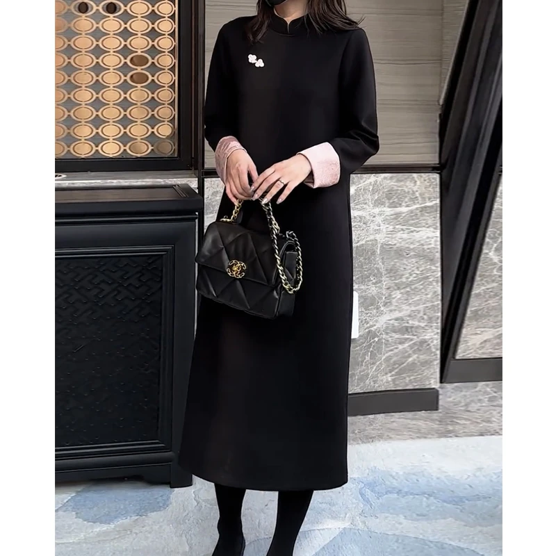 380克重现货 百搭新中式复古时尚中国风保暖女士连衣裙宽松连衣裙