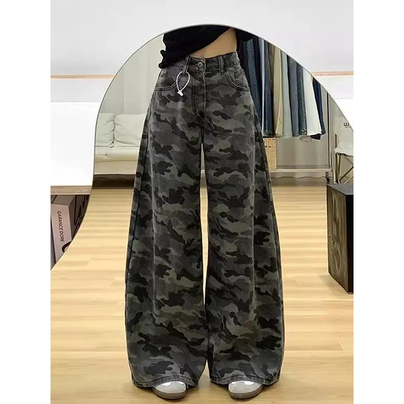 美式高街迷彩工装牛仔裤女冬季新款高腰宽松显瘦直筒大阔腿拖地裤